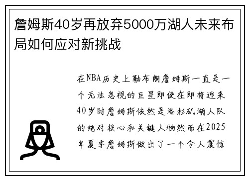 詹姆斯40岁再放弃5000万湖人未来布局如何应对新挑战